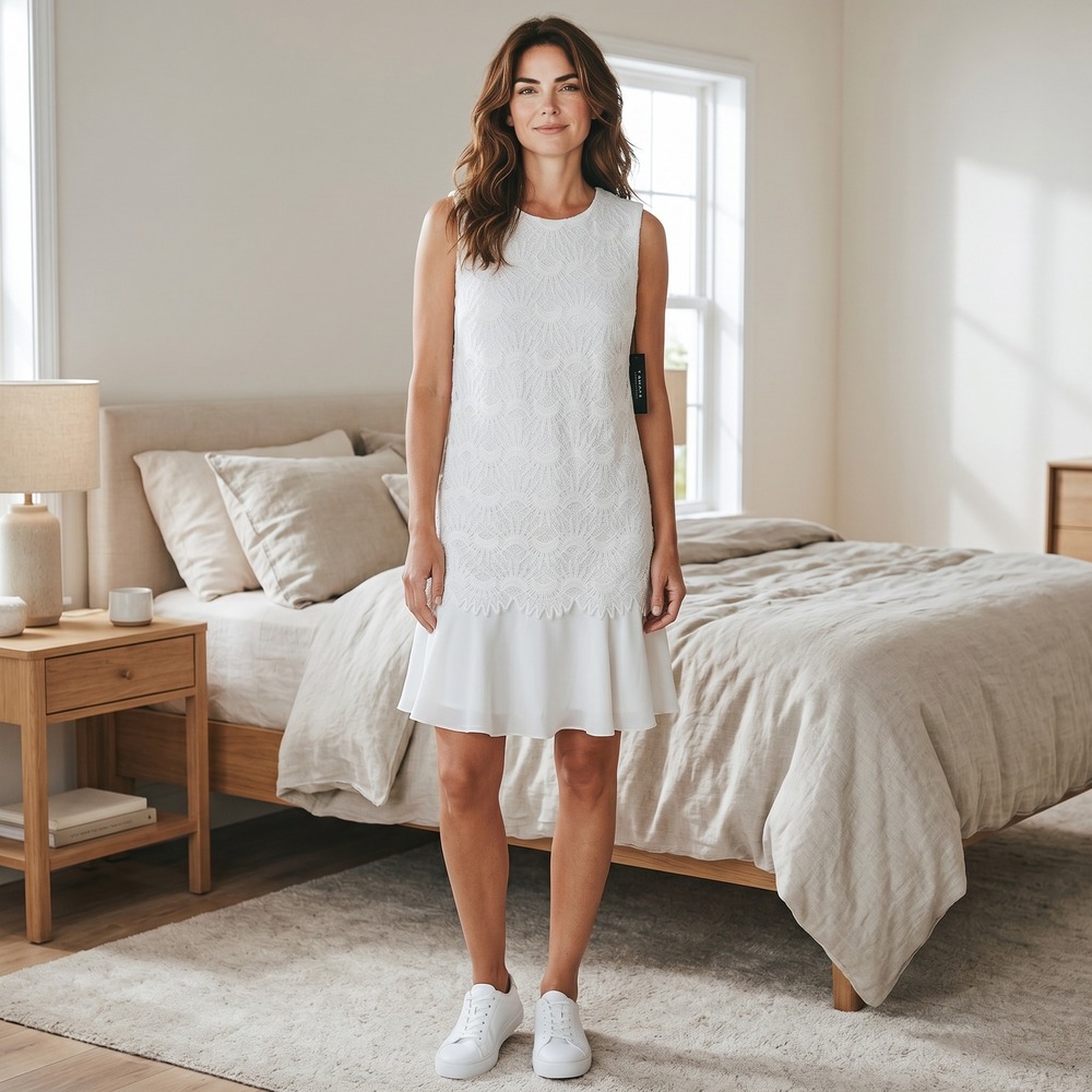 Tahari Arthur S Levine White Lace Ruffle Cocktail Dress Size 10 NEW